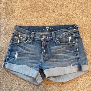 7 For All Mankind Blue Distressed Denim Shorts